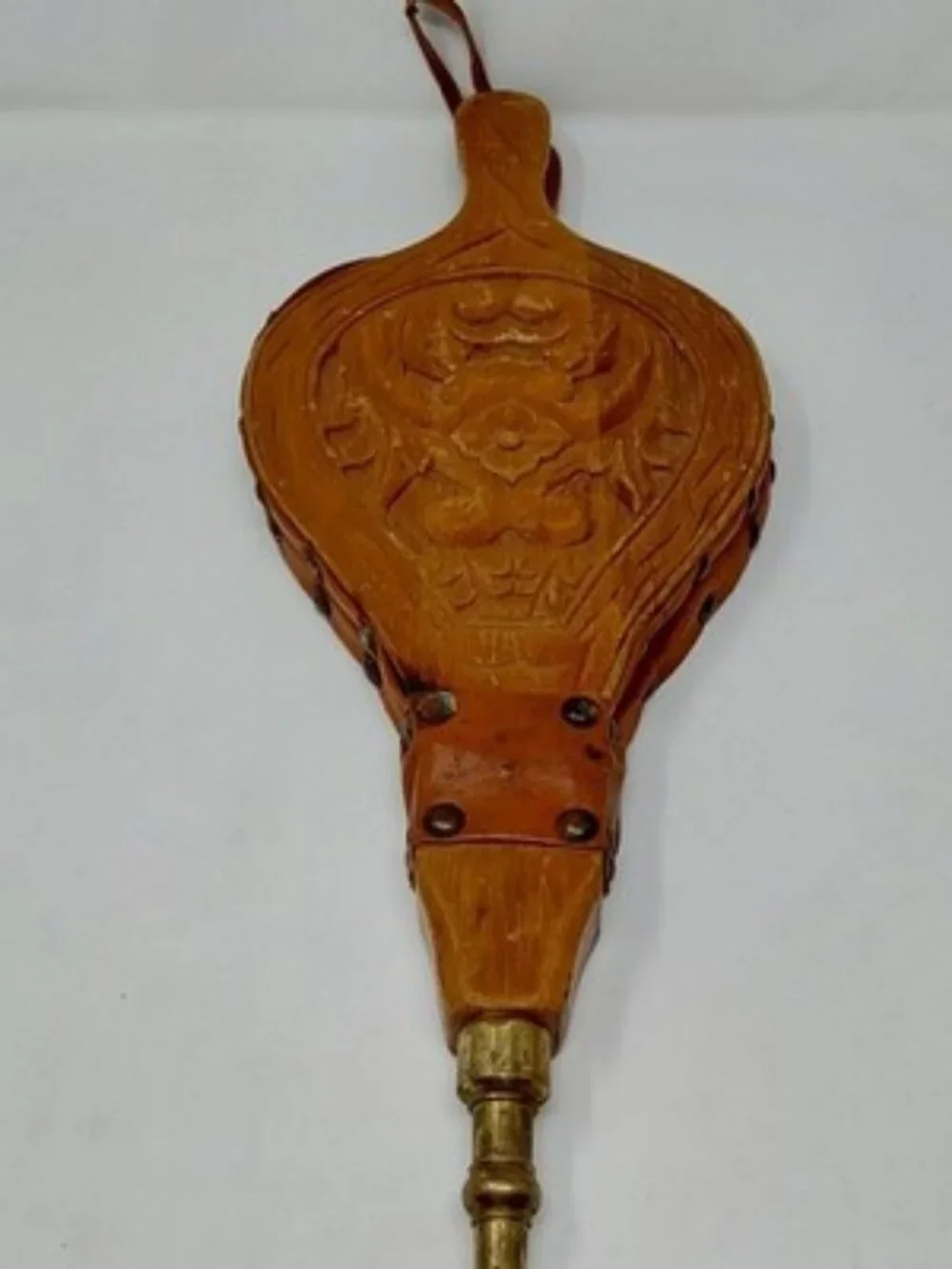 ​Vintage Hand Carved Wood Fireplace Bellows Floral Relief Leather Brass Nozzle